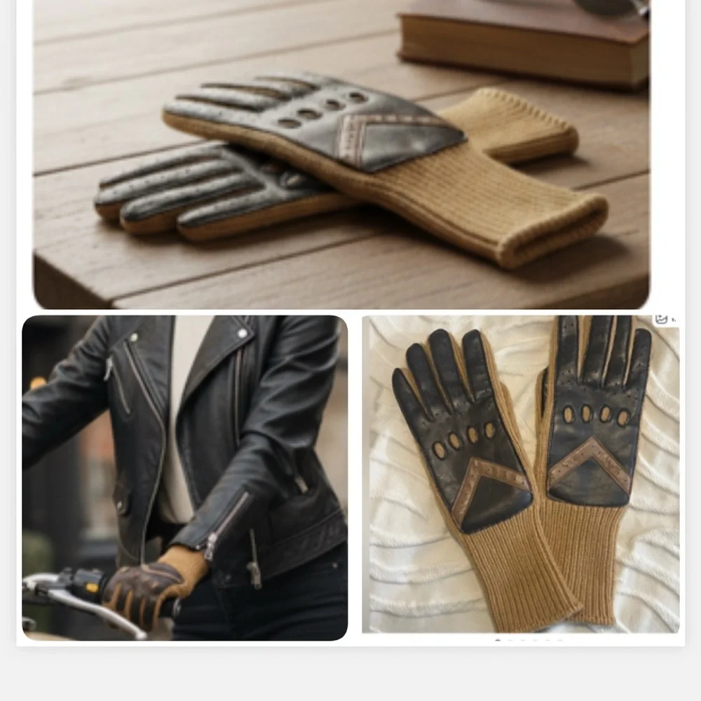 Vintage Women’s Brown and‎ Tan Leather Knit  Riding Gloves